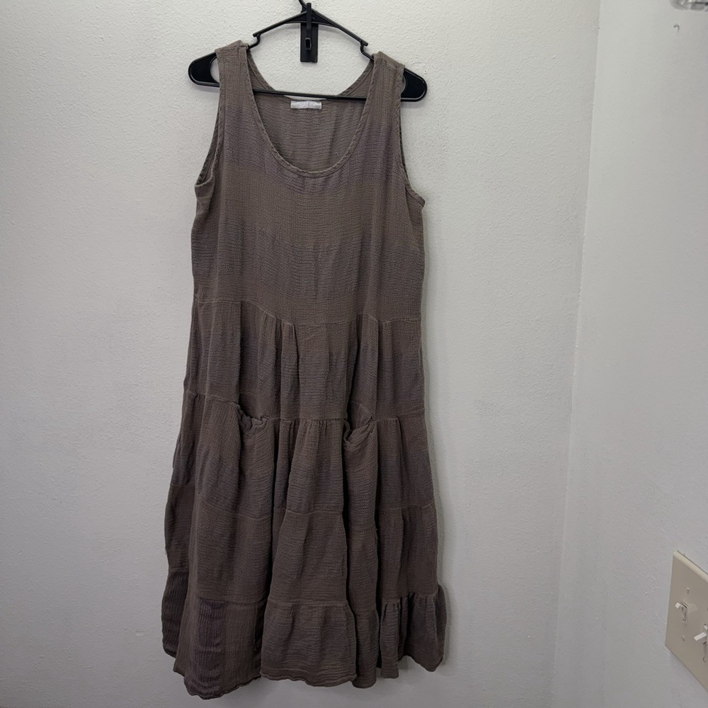Made In Italy Brown Cotton Tiered Sundress Dress Pockets Lagenlook Boho SZ M